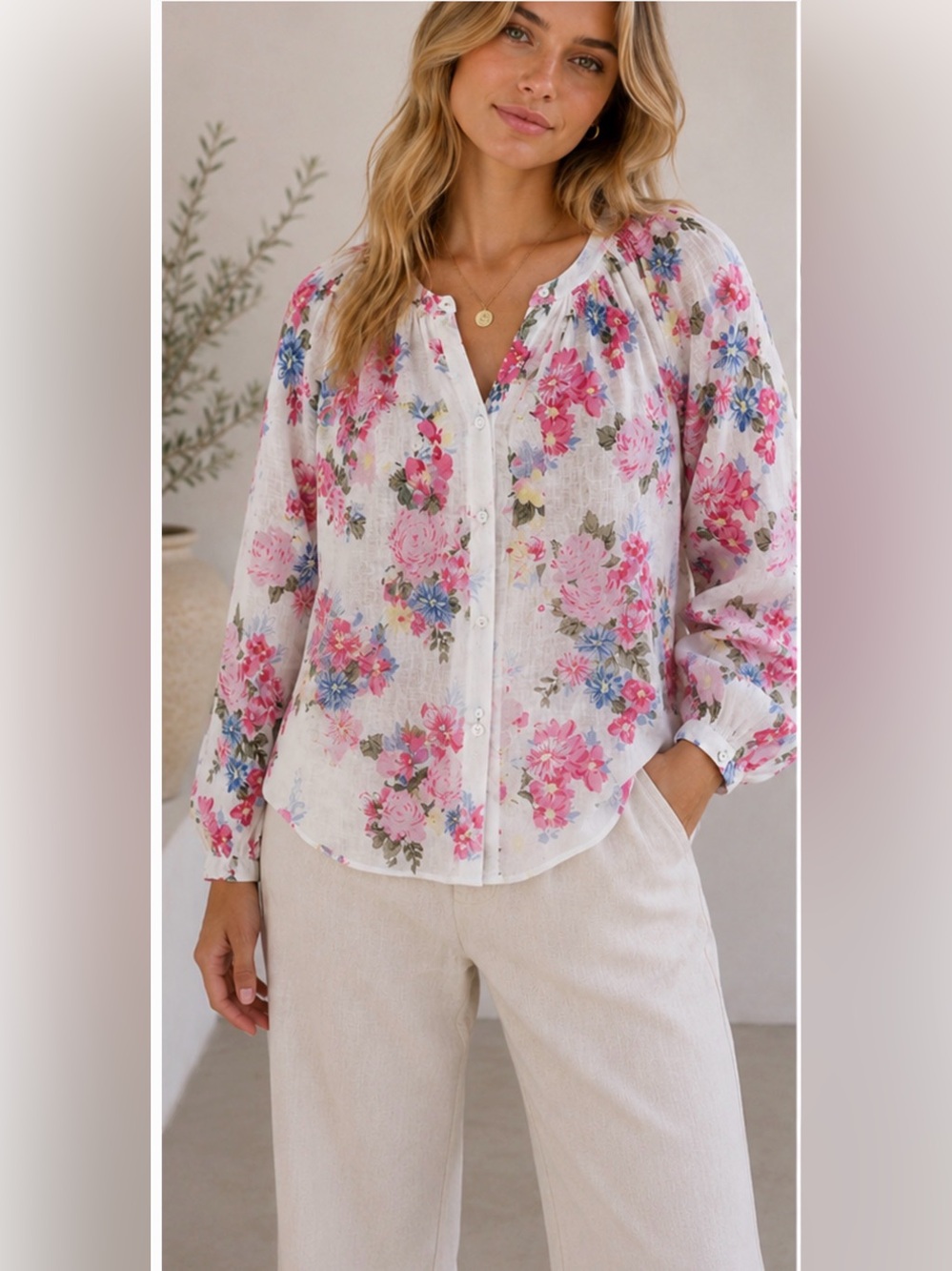 Laura Ashley 100% Linen Floral Balloon Sleeve Blouse Pink Medium NWT